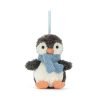 Jellycat Peanut Penguin Decoration. A soft little penguin with a blue scarf hanging decoration