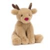 Jellycat Romi Reindeer. Beige cuddly reindeer with soft brown antlers and red nose