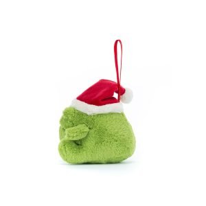 Jellycat Ricky Rain Frog Decoration. A soft green grumpy frog in a red santa hat