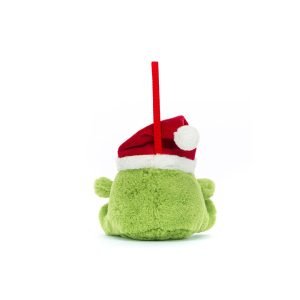 Jellycat Ricky Rain Frog Decoration. A soft green grumpy frog in a red santa hat