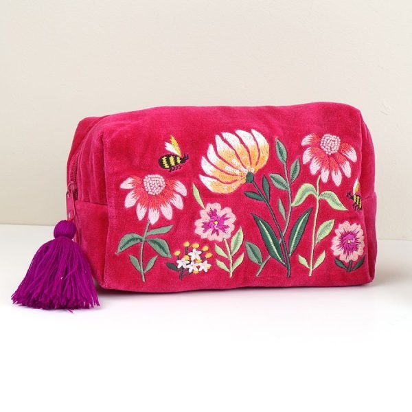 Fuchsia Velvet Floral Makeup Bag