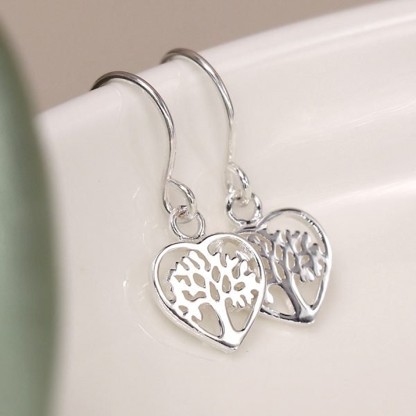 Sterling Silver Heart Tree of Life Drop Earrings