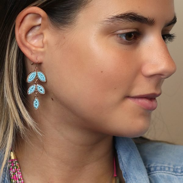 Turquoise Beaded Leaf Drop Earrings