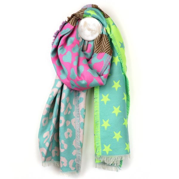 Reversible Green Mix Heart, Star and Animal Print Scarf