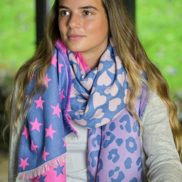 Reversible Blue Mix Heart, Star and Animal Print Scarf