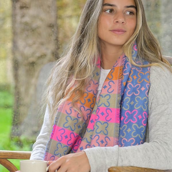 Reversible Blue Mix Geo Flower Scarf