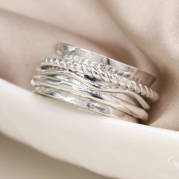 Sterling Silver Twist, Wave and Hammered Spinning Ring