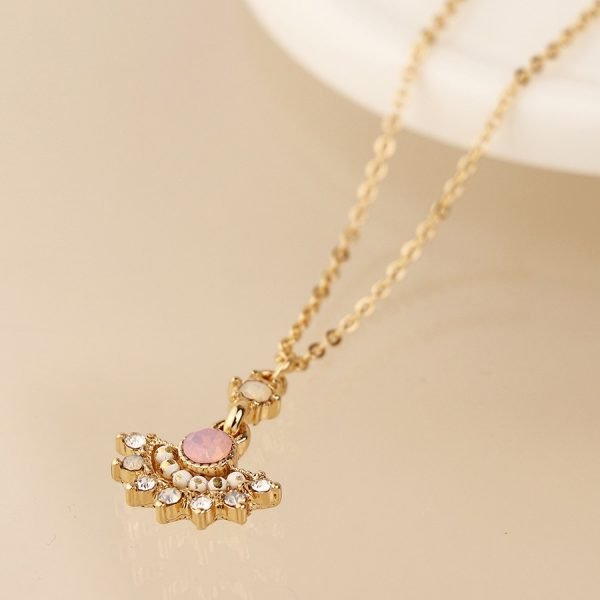 Gold pink and white fan necklace