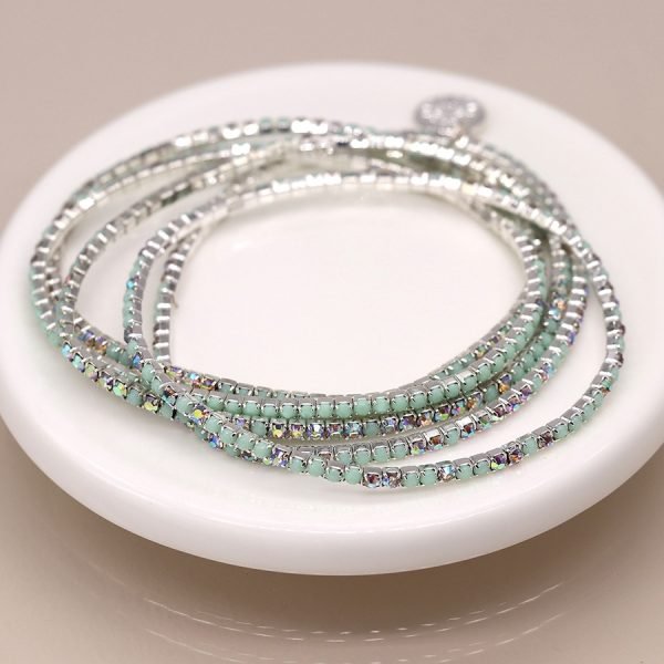 Silver plated multistrand pastel blue crystal bracelet stack