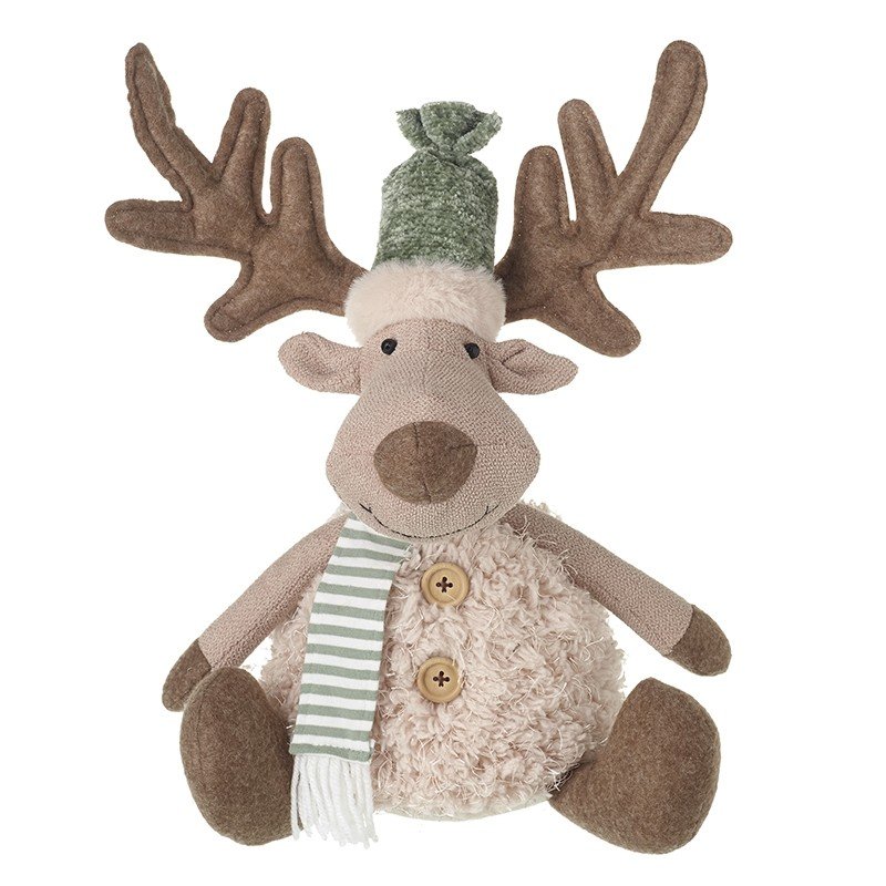 Sitting Reindeer in Stripe Green Scarf