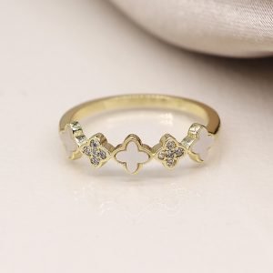 Crystal Clover Motif Gold Plated Ring