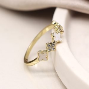 Alternative view of Crystal Clover Motif Gold Plated Ring