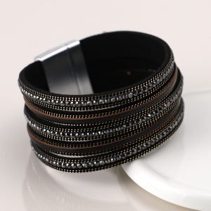 Bronze and Black Leather Crystal Cuff
