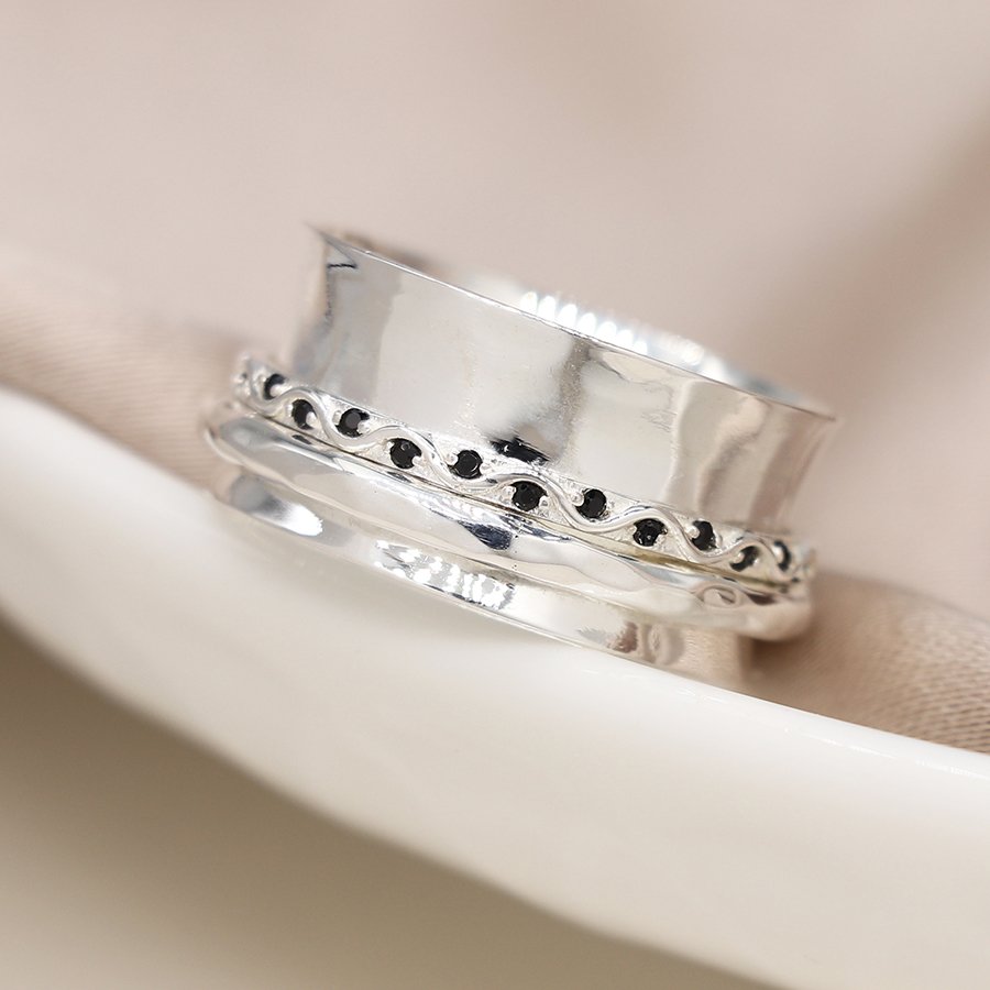 Sterling Silver Black Crystal Spinning Ring