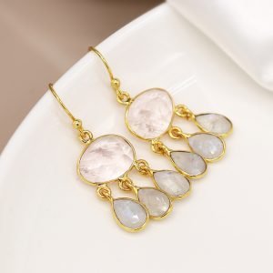 Gold Plated Rose Quartz and Moonstone Drop Earrings