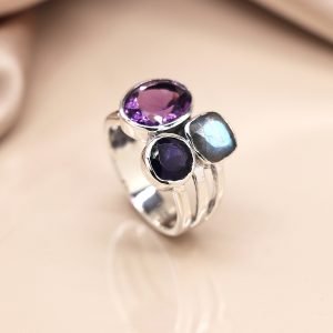 Sterling Silver Tri-Stone Ring with amethyst iolite and labradorite