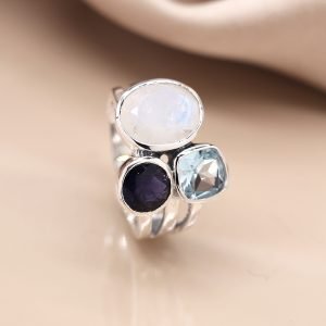 Alternative view of Sterling Silver Tri-Stone Ring with moonstone iolite and topaz