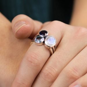 Sterling Silver Tri-Stone Ring with moonstone iolite and topaz
