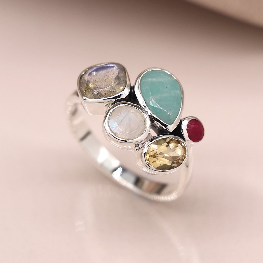 Sterling silver faceted multi gemstone ring