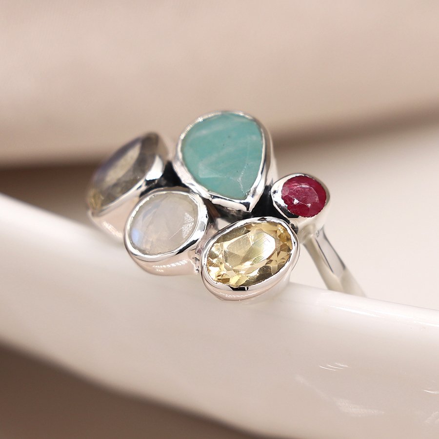 Sterling silver faceted multi gemstone ring - Image 3