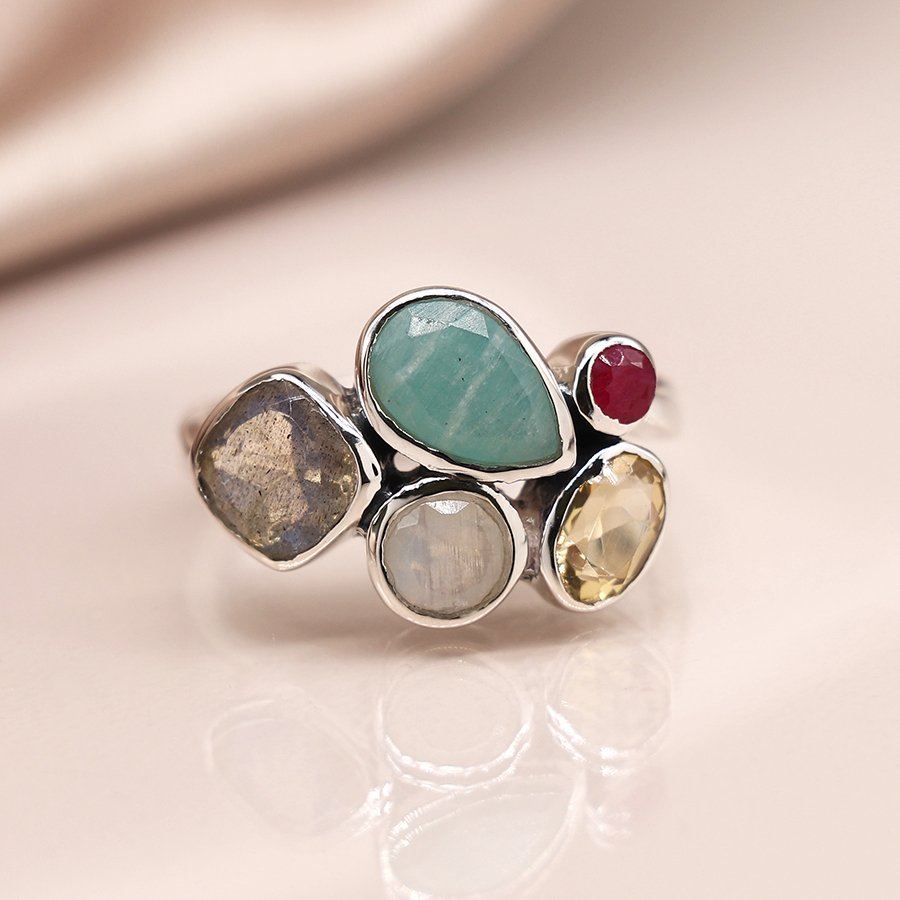 Sterling silver faceted multi gemstone ring - Image 2